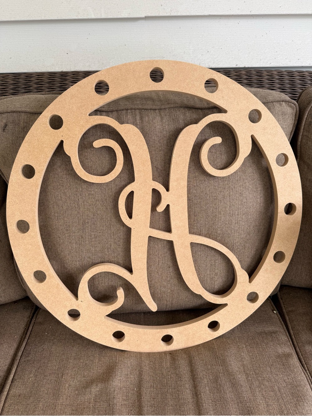 Large Wooden Monogram Letter H Circle Wall Art - Natural